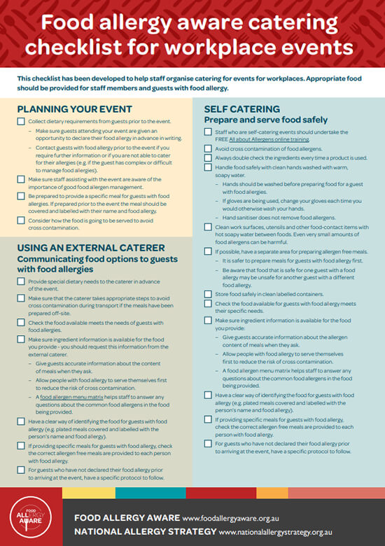 FAA food allergy workplace catering checklist