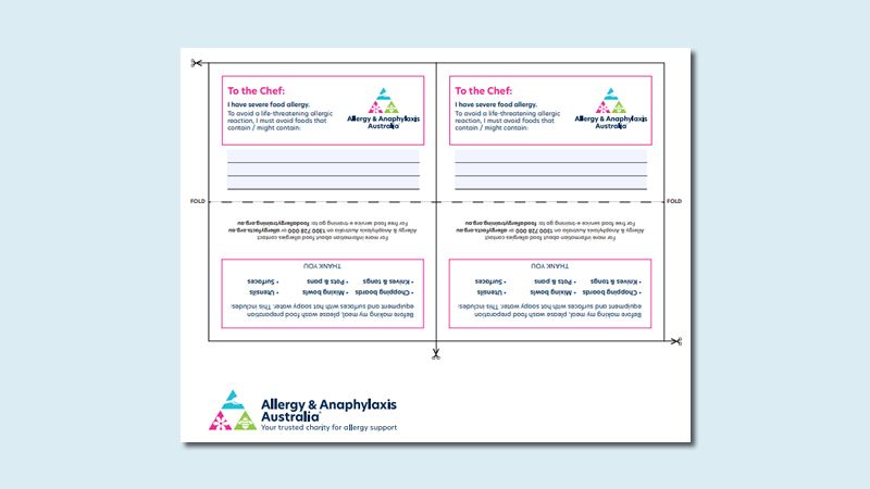 Allergy & Anaphylaxis Australia chef card