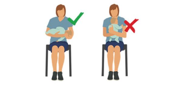 Babies should be held on their side. Do not hold the baby upright.over your shoulder.